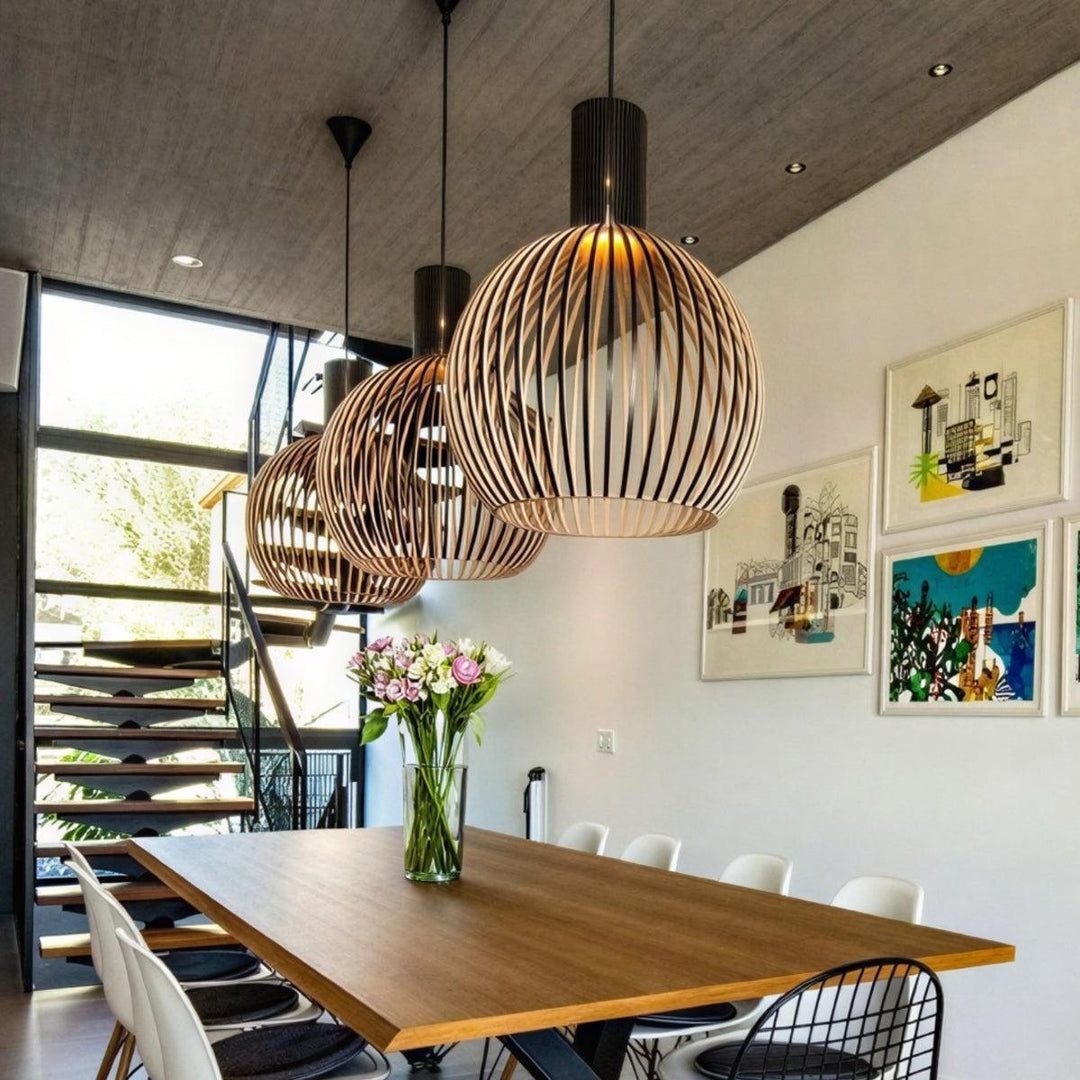 Wooden Open Cage Pendant Lamp With Geometric Design
