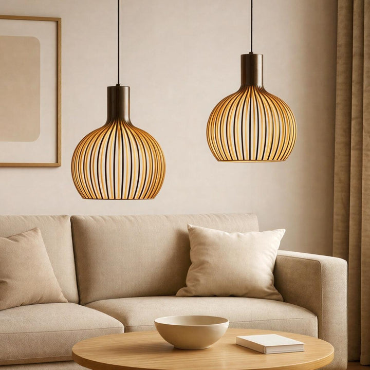 Wooden Open Cage Pendant Lamp With Geometric Design