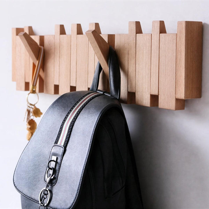Wooden Wall Mounted Entryway Coat Rack Organiser With Pivoting Piano Style Hooks