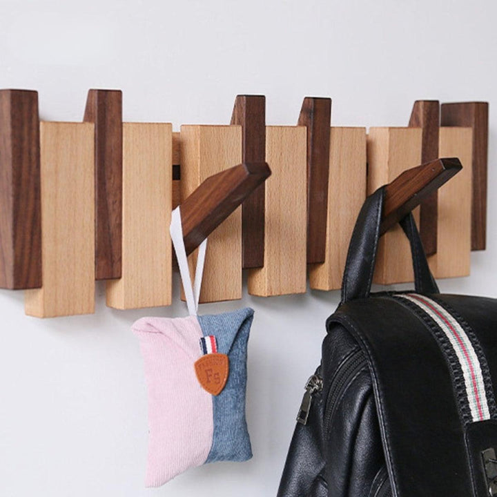 Wooden Wall Mounted Entryway Coat Rack Organiser With Pivoting Piano Style Hooks