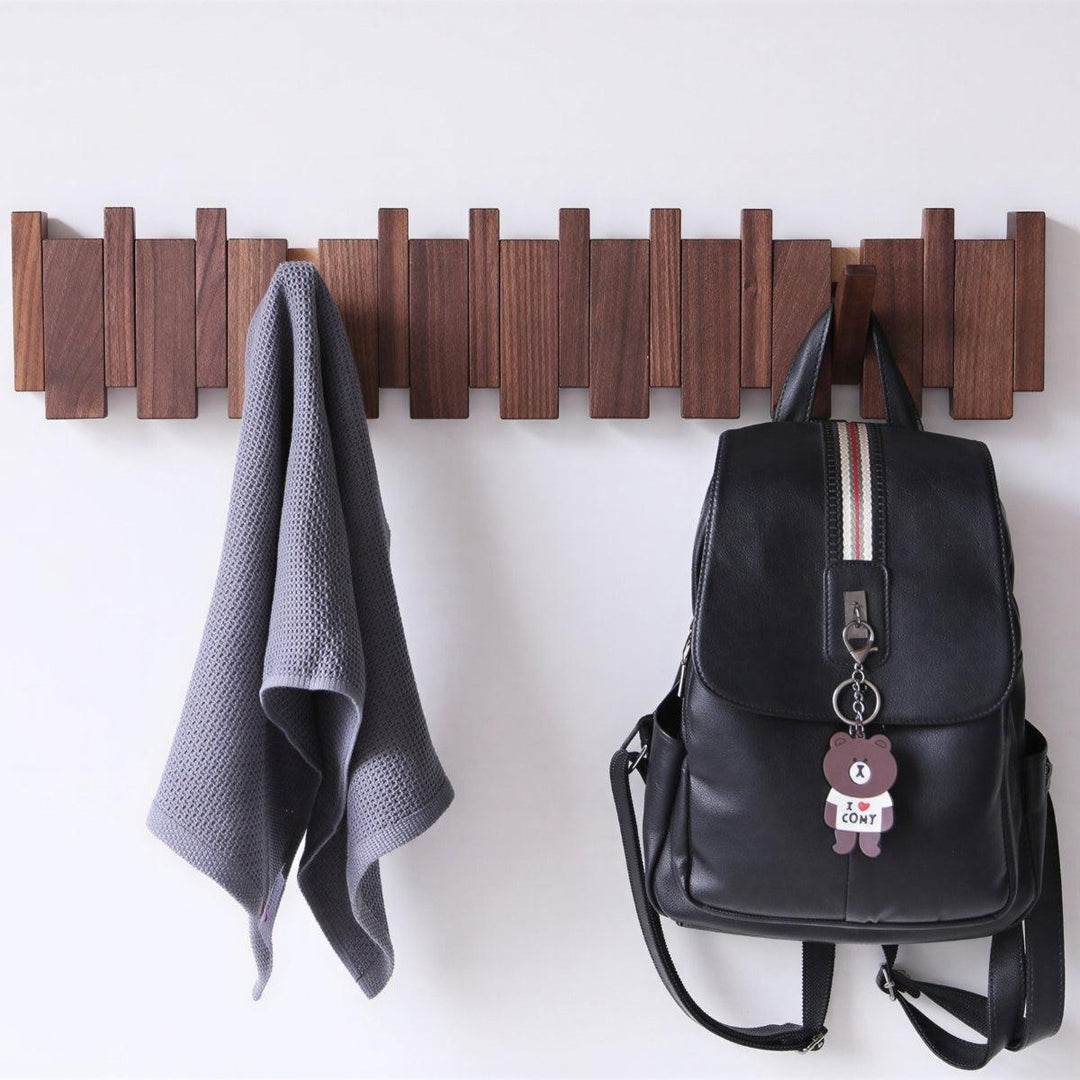 Wooden Wall Mounted Entryway Coat Rack Organiser With Pivoting Piano Style Hooks