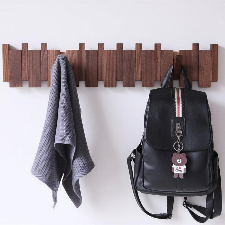 Wooden Wall Mounted Entryway Coat Rack Organiser With Pivoting Piano Style Hooks