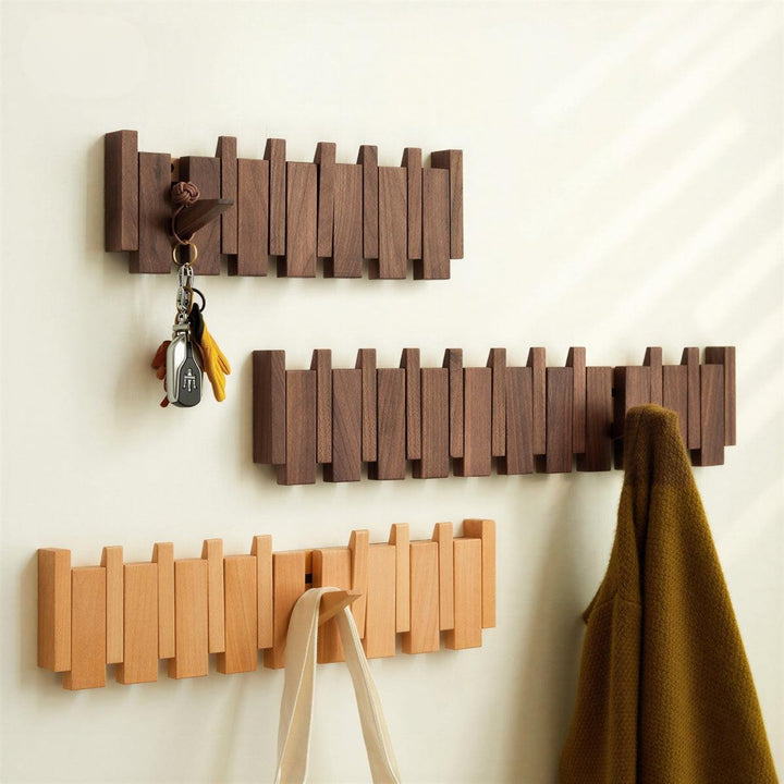 Wooden Wall Mounted Entryway Coat Rack Organiser With Pivoting Piano Style Hooks
